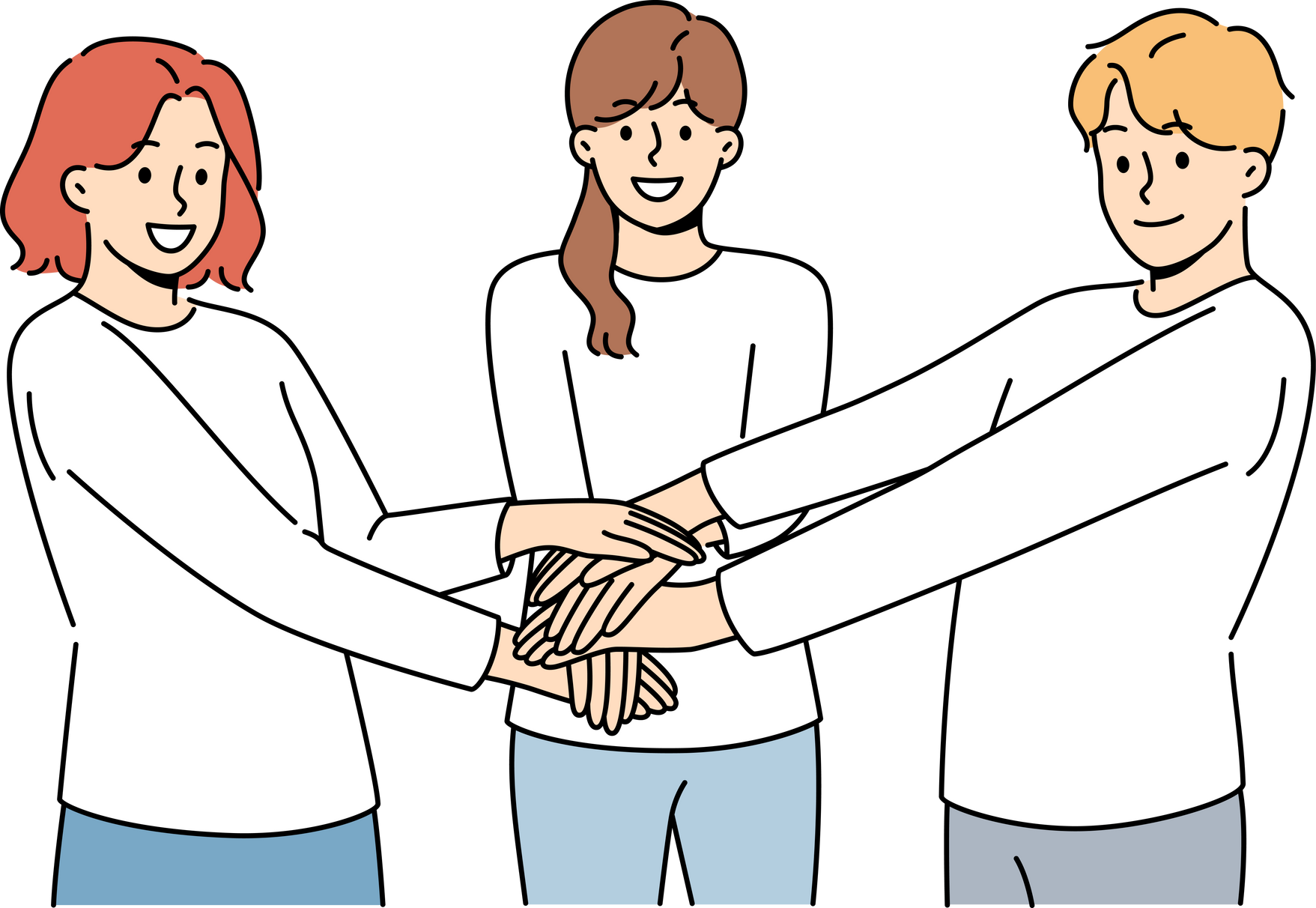 Friendly team people holding hands demonstrate cohesion and unity, wanting to achieve goals together